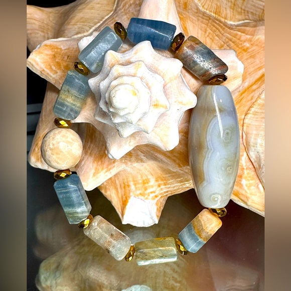 LEMURIAN AQUATINE BARRELS + MUSHROOM JASPER NATURAL STONES BRACELET size 7” - Picture 1 of 12